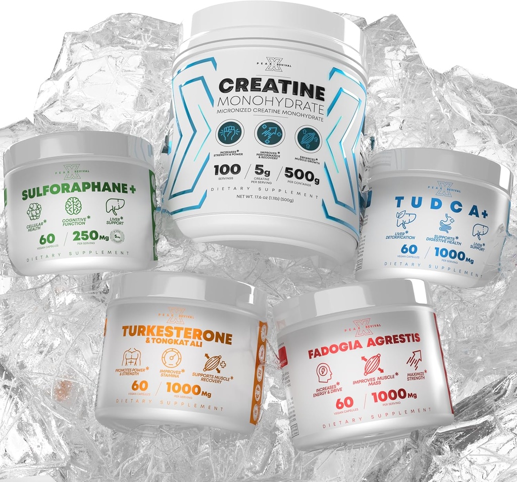 Bundle - Turkesterone & Tongkat Ali + Fadogia Agrestis + Kreatin + Sulforaphane + TUDCA - Boost Stamina, muskeltillväxt, leverhälsa, kognitiv funktion och detox - Tillverkad i USA