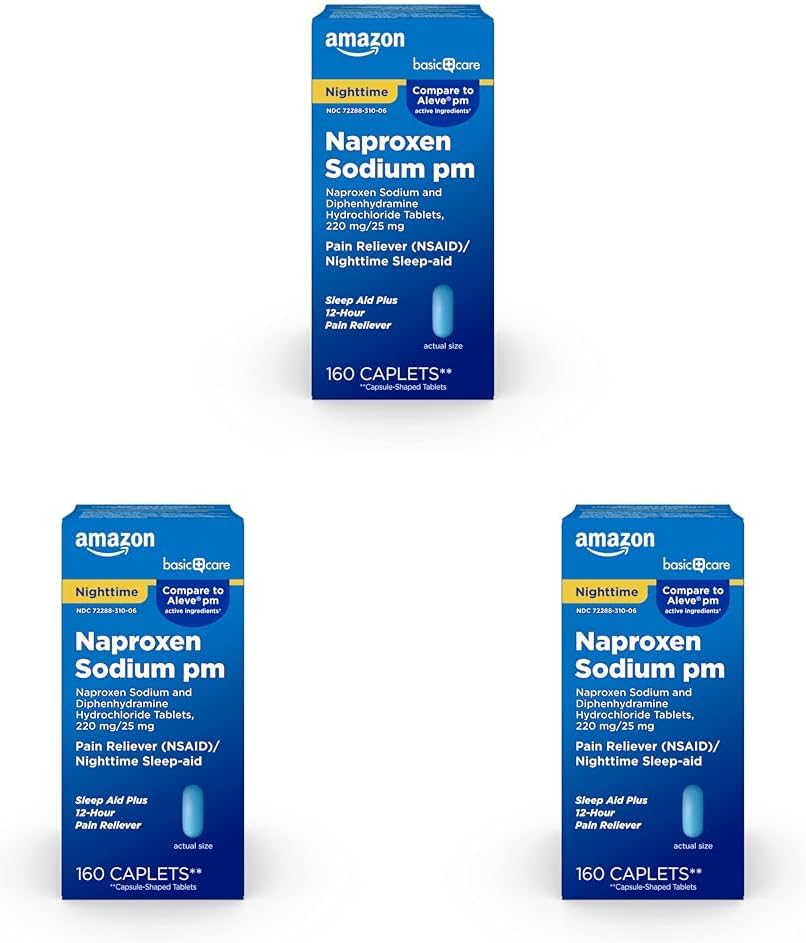 Grundläggande vård Alla nattsmärtlindring PM, Naproxen Sodium, 220 mg / Diaphenhydraminhydroklorid, 25 mg tabletter, smärtstillande / nattlig sömnhjälp, 160 greve (Pack av 3)