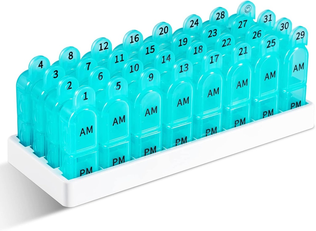 Daviky Monthly Pill Organizer 2 gånger om dagen, 30 Day Pill Box AM PM med separat behållare, en månadsmedicin fall två gånger om dagen för att hålla vitaminer, kosttillskott och medicinering (Cyan)
