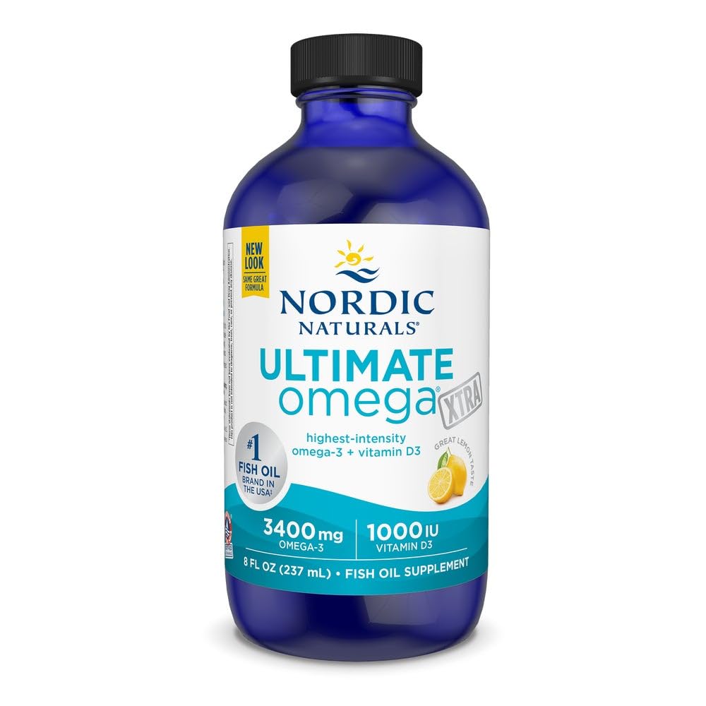 Nordic Naturals Ultimate Omega Xtra Liquid, Lemon Flavor - 8 oz - 3400 mg Omega-3 + 1000 IE Vitamin D3 - EPA & DHA - Brain, Heart, Joint & Immune Health - Non-GMO - 48 portioner