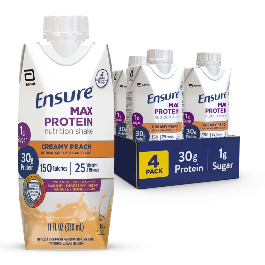 Se till att Max Protein Creamy Peach Nutrition Shake | 30g Protein, 1g Sugar, 4g Fiber Blend | 4 Pack