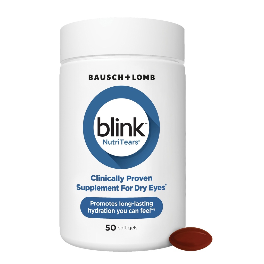 Blink NutriTears Clinically Proven Supplement for Dry Eyes, Eye Care with Lutein & Zeaxanthin and Vitamin D to Hydrate Eyes from Within for Long-Lasting Relief, 50 Softgels