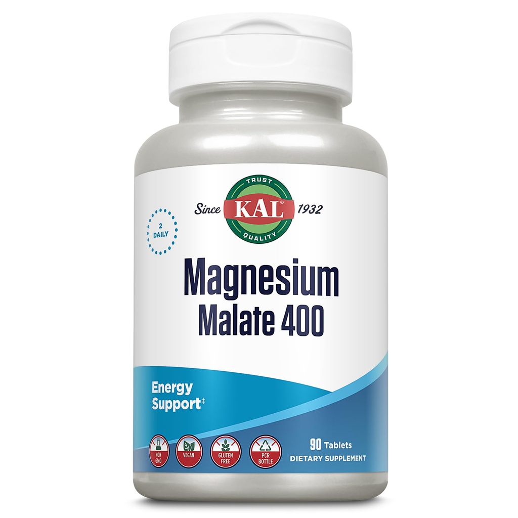 KAL Magnesium Malate 400mg, Chelated Magnesium Supplement med Malic Acid, Healthy Energy & Muscle Function Support, Enhanced Absorption, Vegan, Non-GMO, 45 Servings, 90 Veg Tabs