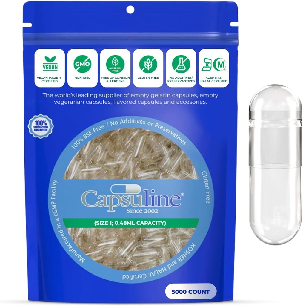 Capsuline Size 1 - Clear Empty Vegan Capsules - 5000 Count - Empty Veggie Pill Capsules - DIY Vegetable Capsule Filling - Tomma Caps - Kosher och Halal Certified - Non-GMO Certified