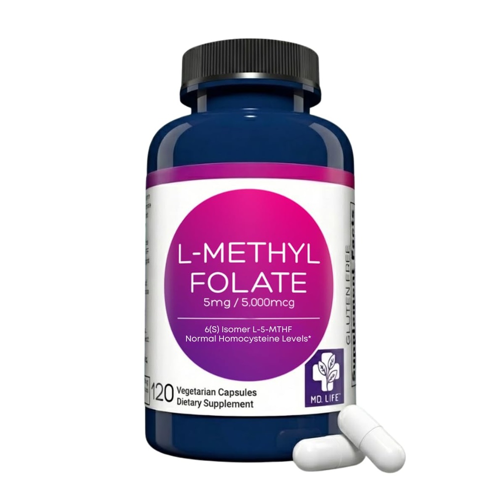 MD Life L-Methylfolate 5 mg Supplement - Professional-Grade Active L Methylfolate Supplement - 120 kapslar - L-Methylfolate 5mg - Maximal Potens MTHFR W/Essential Amino Acids