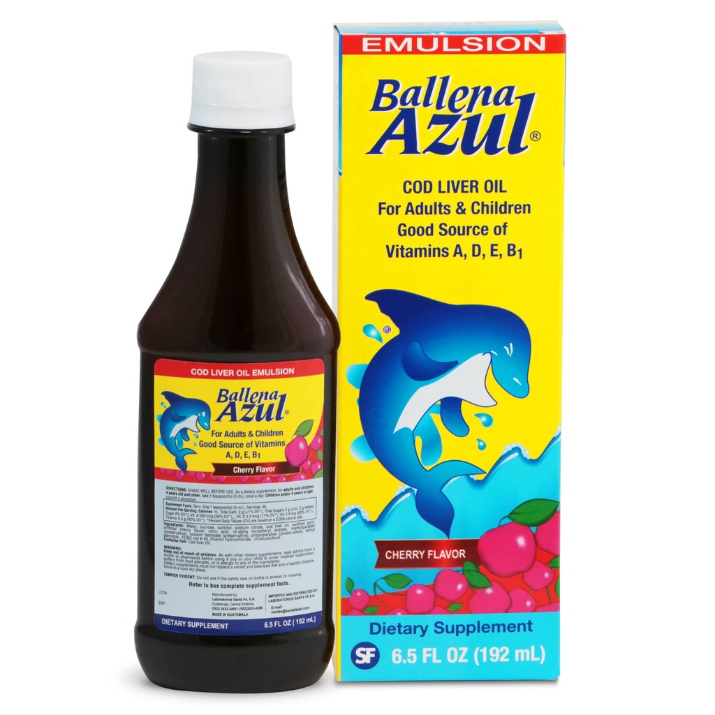 Ballena Azul Aceite de Hígado de Bacalao para Adultos y Niños, COD Liver Oil för vuxna och barn, bra källa av vitamin A, D, E, B1, kosttillskott, Omega 3