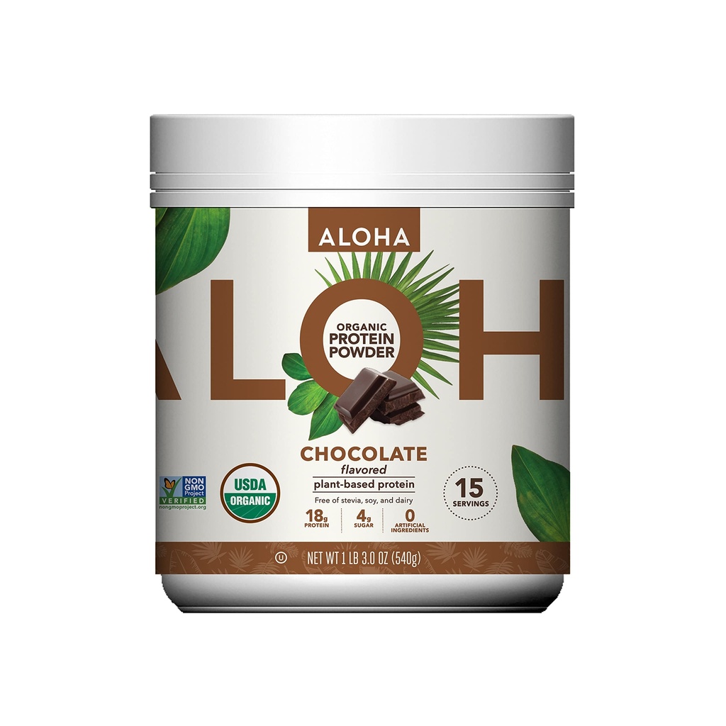 ALOHA Organic Plant Based Protein Powder, Stevia Free, Chocolate, 19,6 oz, 15 portioner