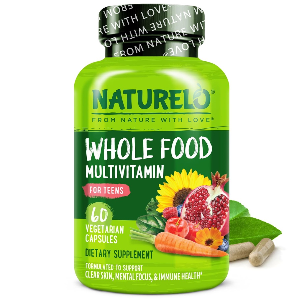 NATURELO Multivitaminer för Teenage Girls/Boys, 60 Capsules, Whole Food Multivitamin med mineraler, icke-GMO, Vegetarian
