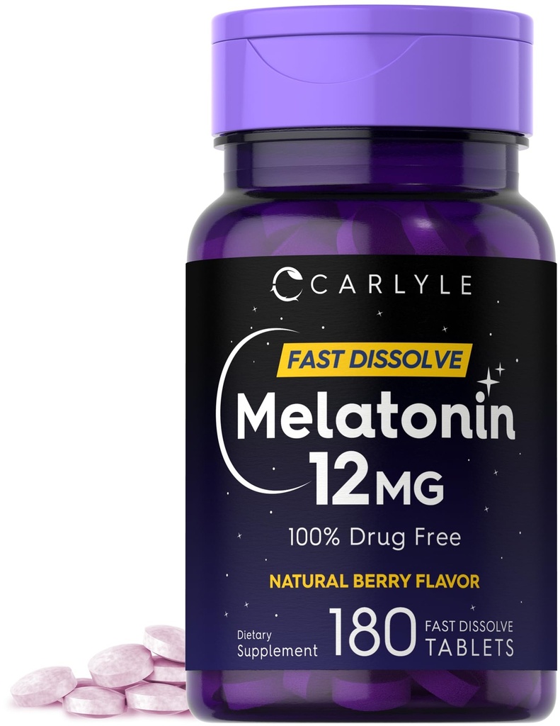 Carlyle Melatonin 12 mg Snabbupplöst 180 tabletter | Drug Free | Natural Berry Flavor | Vegetarian, icke-GMO, Gluten Free