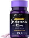 Carlyle Melatonin 12 mg Snabbupplöst 180 tabletter | Drug Free | Natural Berry Flavor | Vegetarian, icke-GMO, Gluten Free