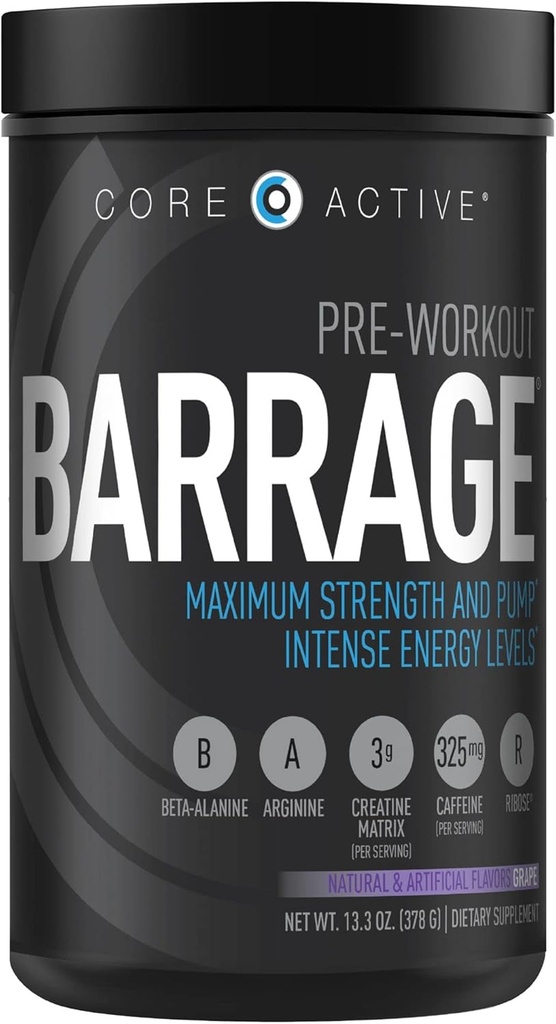 Barrage Pre Workout Powder - Preworkout för kvinnor och män, kreatinpulver, Beta Alanine, agmatinsulfat och koffein - muskelbyggare för män med intensiv energi - druva (30 portioner)