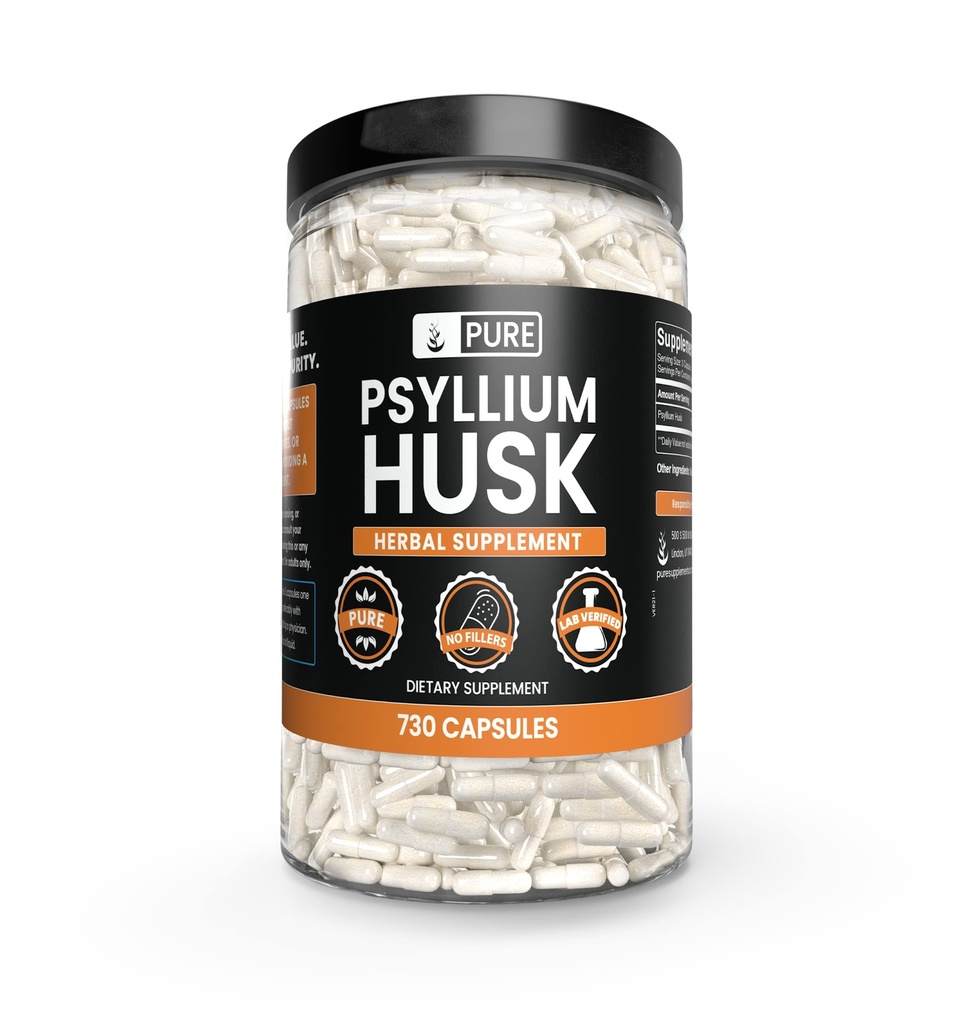 PURE ORIGINAL INGREDIENTS Psyllium Husk (730 kapslar) No Magnesium eller Rice Fillers, Always Pure, Lab Verified