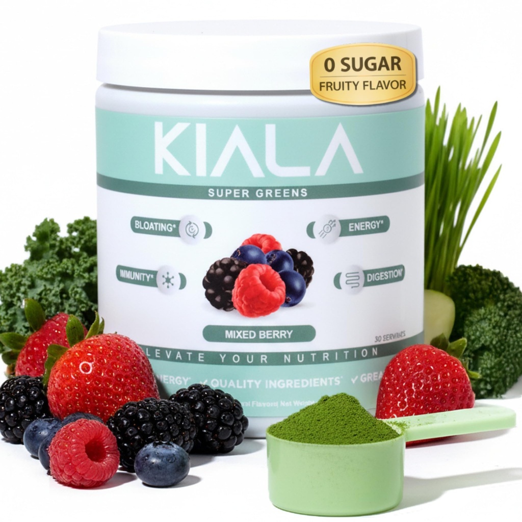 Kiala Nutrition Super Greens, Organic Greens Powder med Spirulina & Chlorella för Digestion, Gut Health, Immunity, Energy, Gluten Free, Vegan, Sugar Free, Mixed Berry, Spectra Blend, 30 portioner