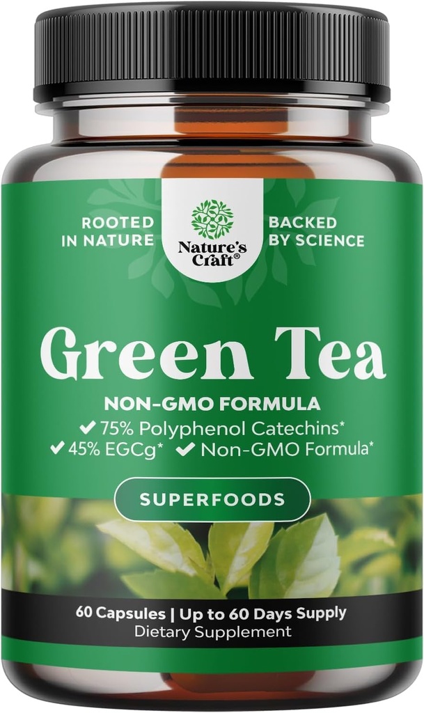 Grönt te extrakt kapslar - 500 mg ren bladgrön te koffein tillskott - EGCG, koffein extrakt och polyfenoler tillskott för hälsosam metabolism stöd för kvinnor och män - Natural Detox - 60 greve