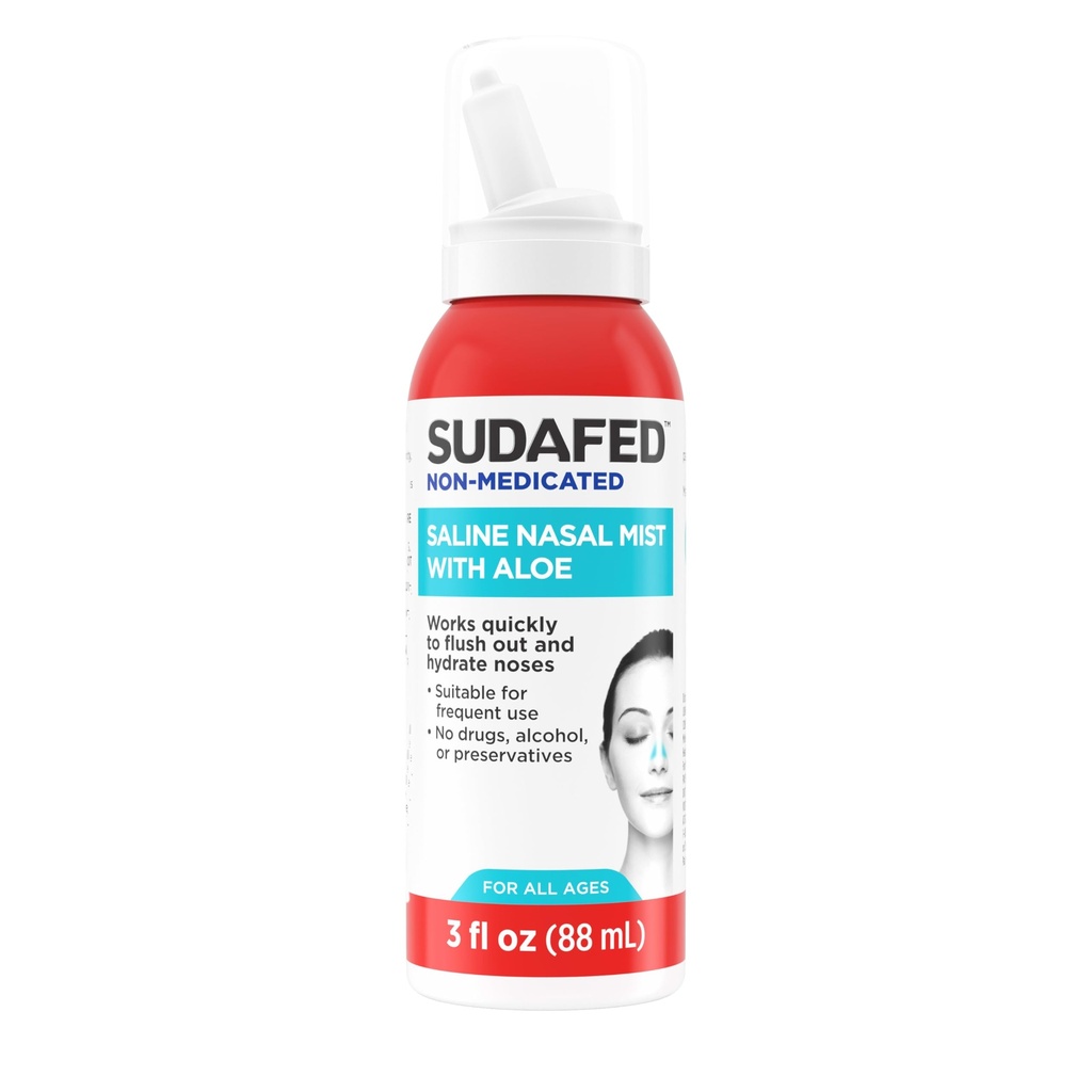 Sudafed Non-Medicated Saline Nasal Mist med Aloe, Sinus Saline Nose Spray för alla åldrar snabbt spola och återfuktar Nasal Passages, Använd Nasal Mist så ofta som behövs, Drug-Free, 3 fl. oz