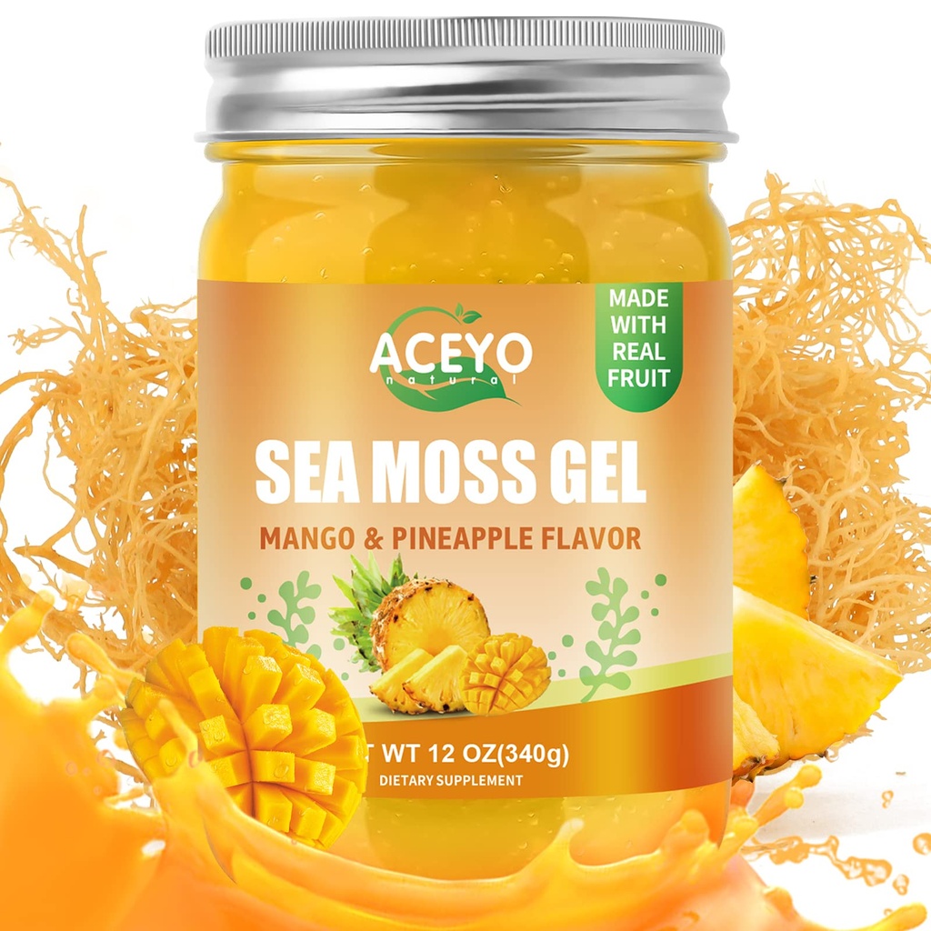 ACEYO (12 OZ) Irländska Sea Moss Gel Raw Vegan Mango Pineapple Flavor 102 Vitaminer och Minerals Wild Harvested Non-GMO Immune Defense Booster Thyroid Digestive Support