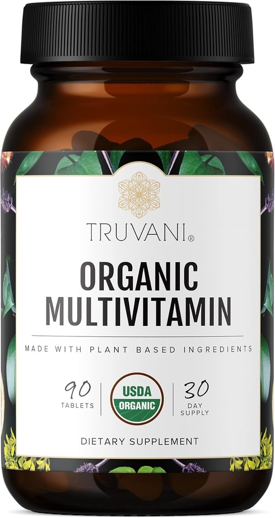 Truvani Daily Organic Multivitamin Supplement - Vegan, icke GMO tabletter med järn & Biotin - Dairy, Soy, & Gluten Free - 30 dagars leverans (90 tabletter)