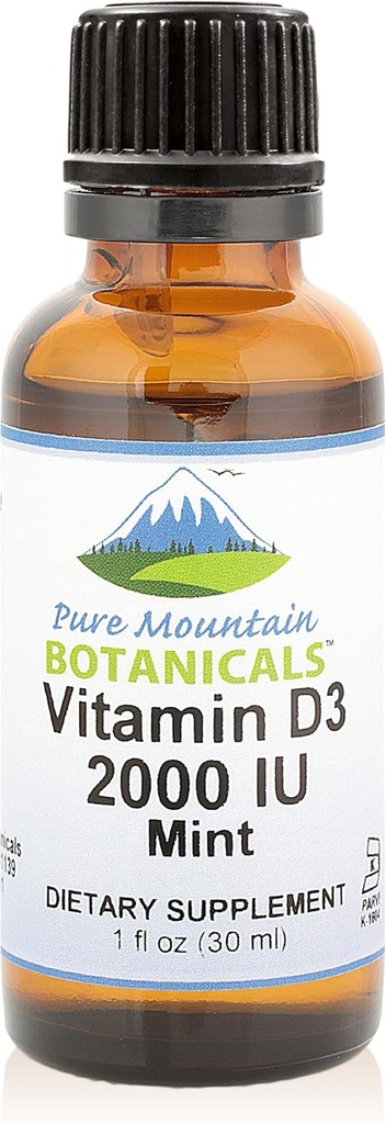 Pure Mountain Botanicals smaksatt vitamin D droppar - Mint smaksatt vätska vitamin D3-2000iu per portion - 1oz flaska