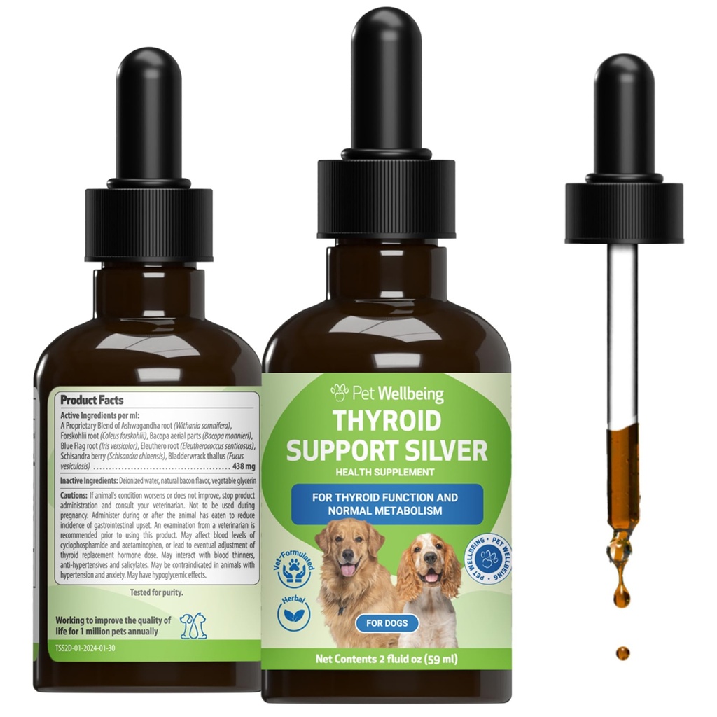 Pet Wellbeing Thyroid Support Silver för hundar - Stöder balanserad sköldkörtelfunktion, hälsosam metabolism, normal energi, Ashwagandha, Bacopa - Veterinär-Formulerad Herbal Supplement 2 oz (59 ml)