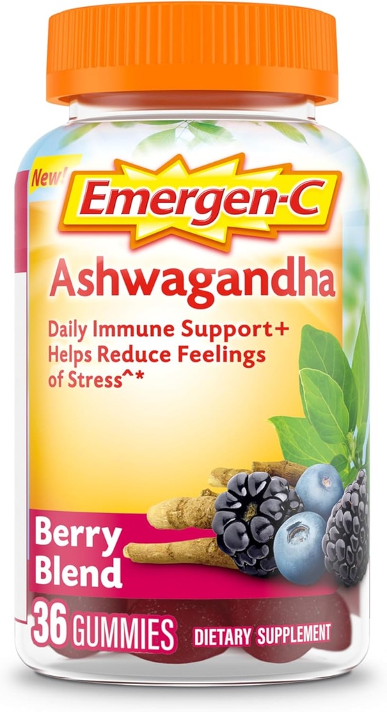 Emergen-C Vitamin C och Ashwagandha Gummies, Kosttillskott för immunstöd, Berry Blend, Tillbaka till skolan Essentials - 36 greve