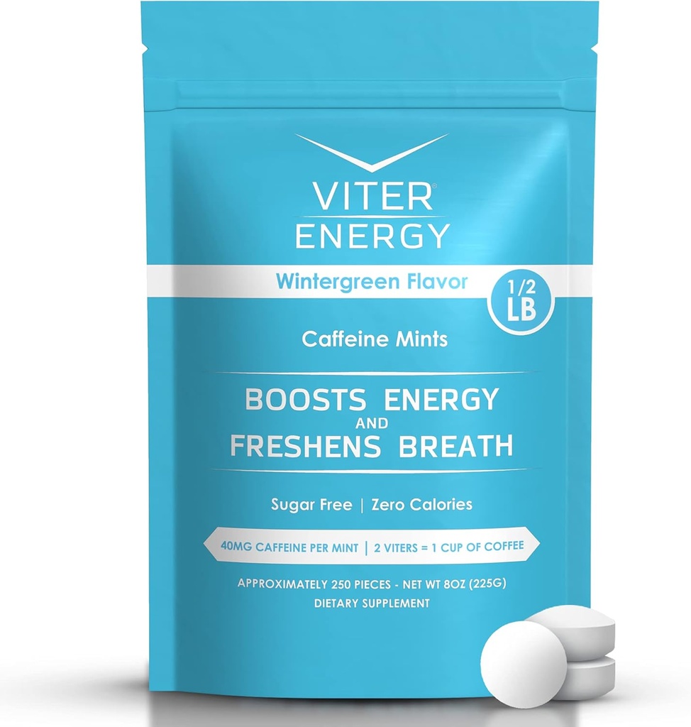 Viter Energy 40mg Koffein Mints - Sugar Free, B Vitaminer, Vegan, ökar snabbt Energized Alert Focus, koffeinerade Nootropic Supplement Pills (Wintergreen Flavor, 8oz, Bulk Bag)