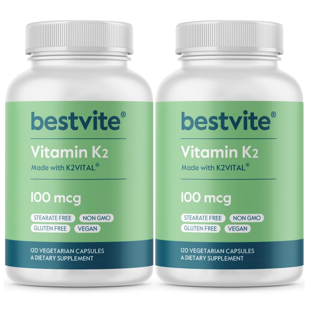 BESTVITE Vitamin K2 100 mcg som MK-7 (240 vegetariska kapslar) (120x2) - No Stearates - Vegan - Non GMO - Gluten Free