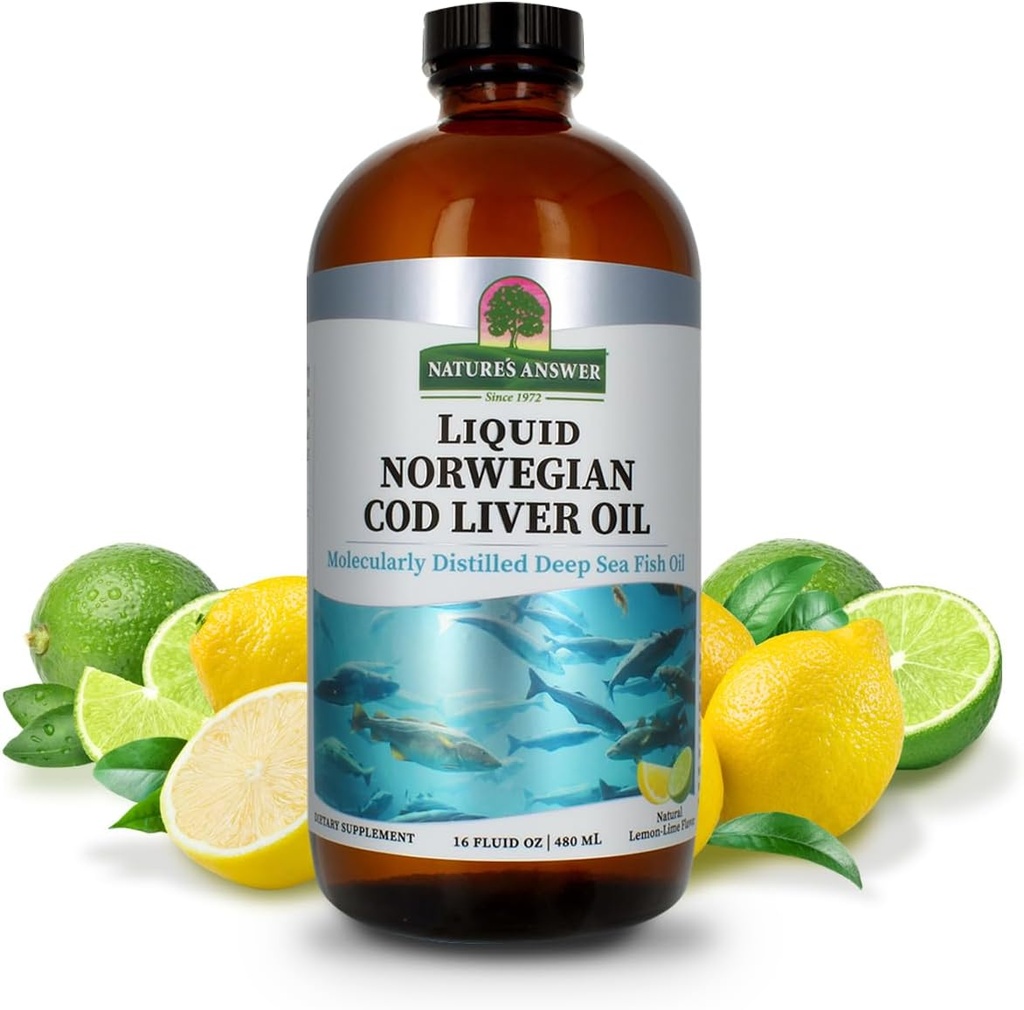 Nature's Answer Cod Liver Oil Liquid Supplement, 16-Fluid Ounces | Främjar ett hälsosamt hjärta & hjärna | Kognitivt och kardiovaskulärt stöd | Stor smak (Pack of 2)