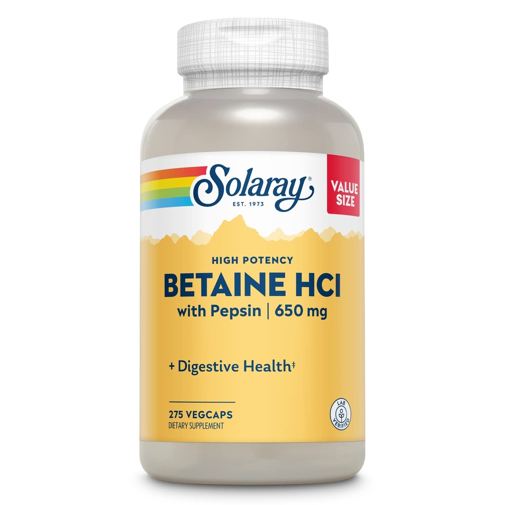 Solaray High Potency Betaine HCL med Pepsin - Hydrochloric Acid Supplement för Digestive Health - med Betaine Hydrochloride och Digestive Enzymes - Gut Health Support - 60-dagars garanti, 275 VegCaps