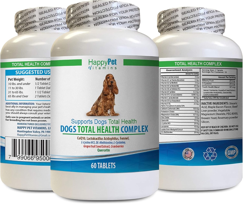 Hund Hälsosam kosttillskott - Hundar Total Hälsa Komplex - Naturlig - Bästa Hår Coat Immune Eye Teeth UTI Hälsa - quercetin för hundar - 1 flaska (60 Behandlingar)