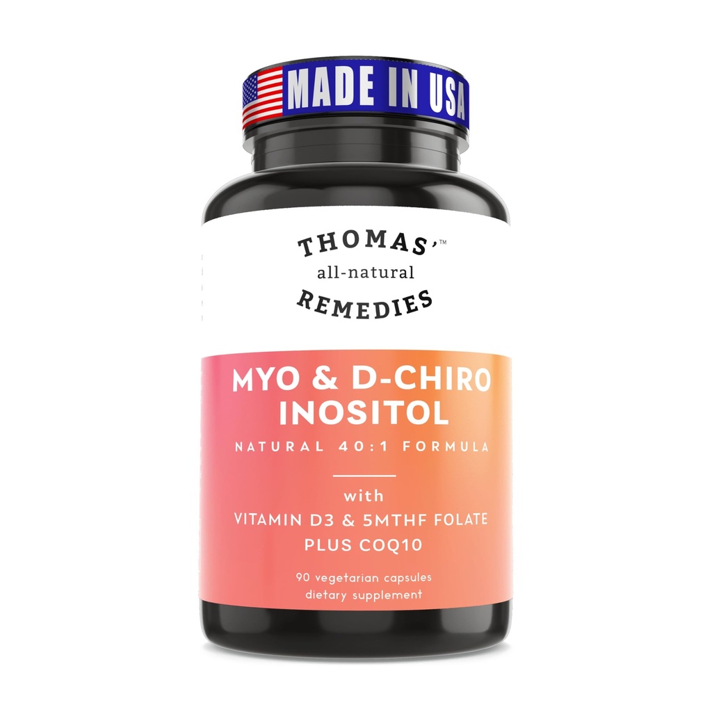 Thomas helt naturliga läkemedel Myo Inositol Supplement & D-Chiro Inositol Blend Supplement med folat och vitamin D3, 40 till 1 Ratio, Non-GMO, No Fillers, CoQ10, 90 Vegan Capsules