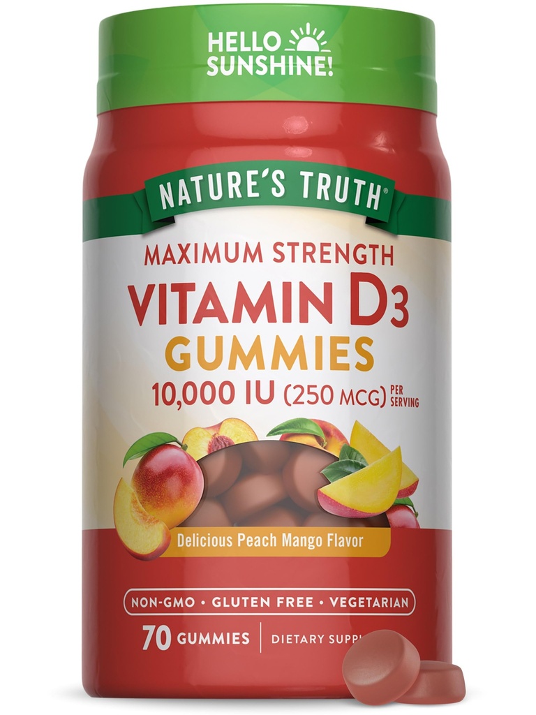 Naturens sannings vitamin D3 Gummies | 10000 IE | 70 greve | Peach Mango smak | Vegetarisk, icke-GMO & Gluten fri tillägg