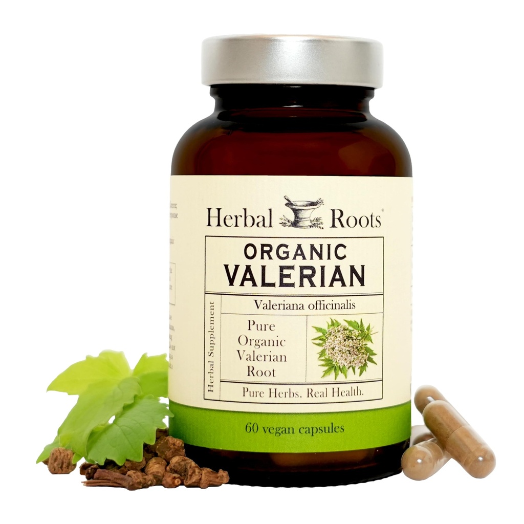 Herbal Roots Pure Organic Valerian Root Capsules - 900 mg - Non-Habit Forming utan Melatonin, Non-GMO - 60 Count Vegan Capsules, Herbal Supplement