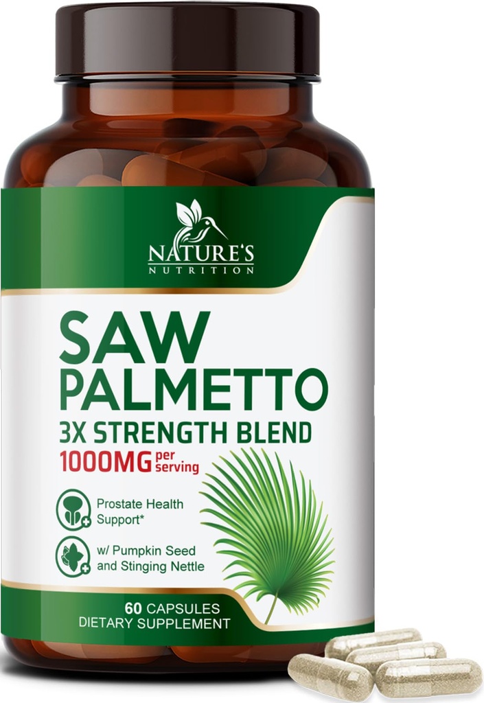 Såg Palmetto för män 1000MG - 3X styrka prostata hälsotillskott - Herbal Extract Supplement - Prostate Supplements for Men's Health Support, Prostate Urinary & Hair Health Support - 60 kapslar