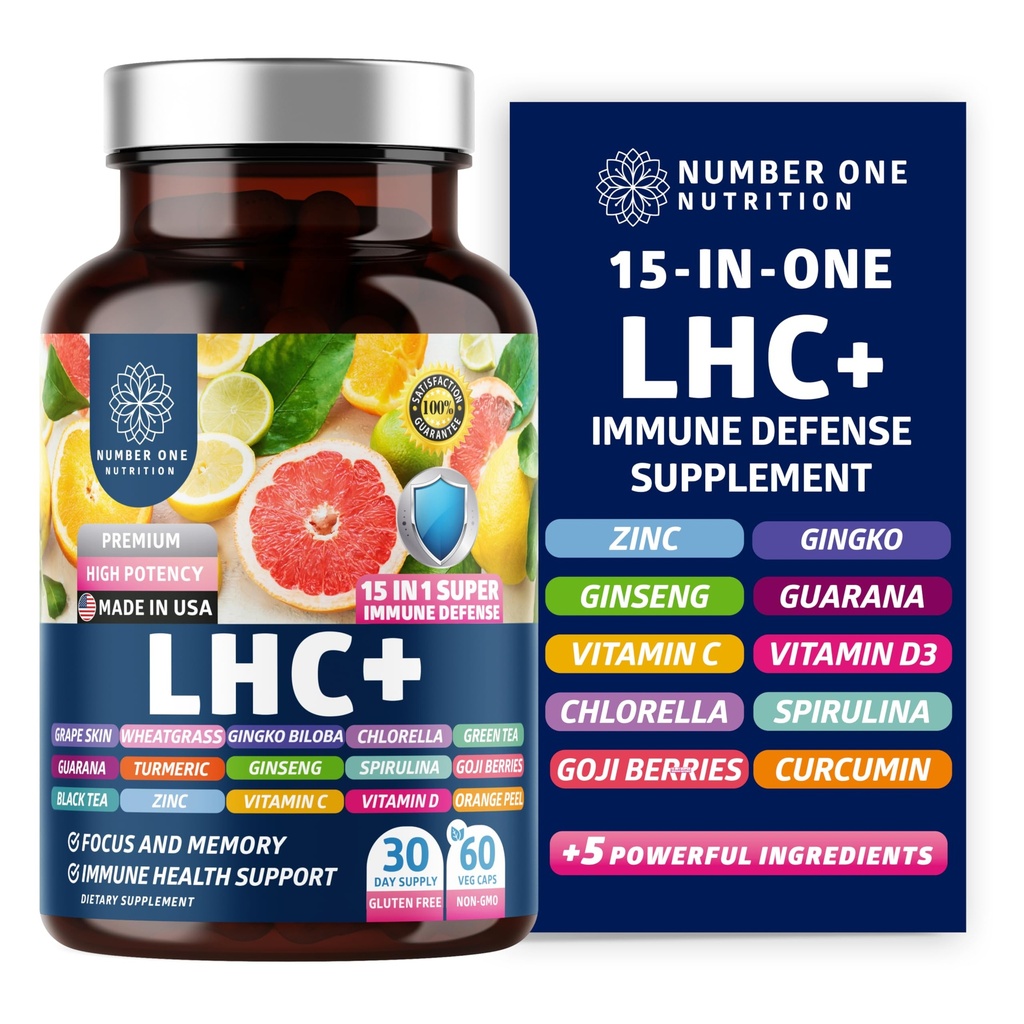 N1N LHC + 15-i-1 Immune Support Supplement med Spirulina, gurkmeja, Ginseng, Guarana, vitamin D och vitamin C för immunitet, energi och långvarig lättnad, 60 Veg Caps, flaska färg kan variera