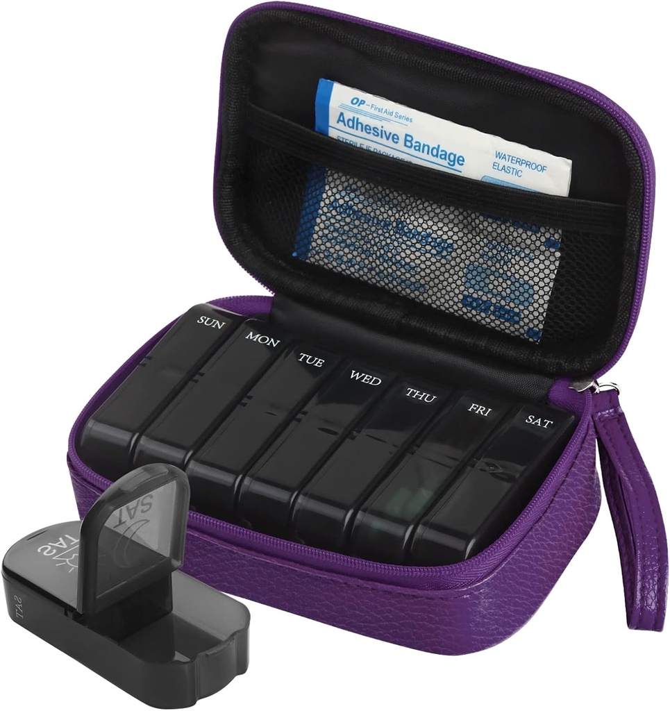 Veckovis PU Läder Pill Bag Organizer Case 2 gånger om dagen, AM PM Daily Pill Box för att hålla vitamin, fiskolja, kosttillskott och medicin (Purple)