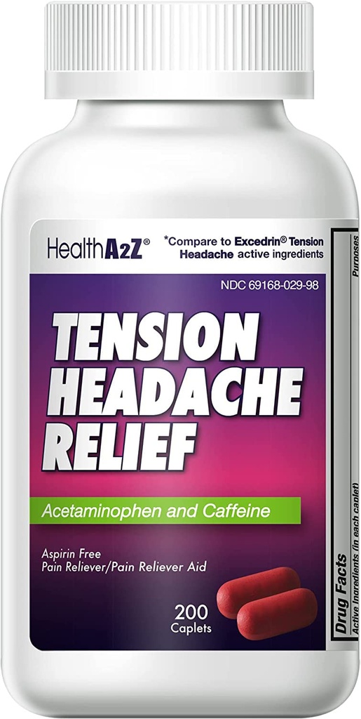 HealthA2Z® Tension Headache Relief | Acetaminophen 500mg | Caffeine 65mg | Pain Reliever Aid | Aspirin Free (200 caplets (Pack of 1))