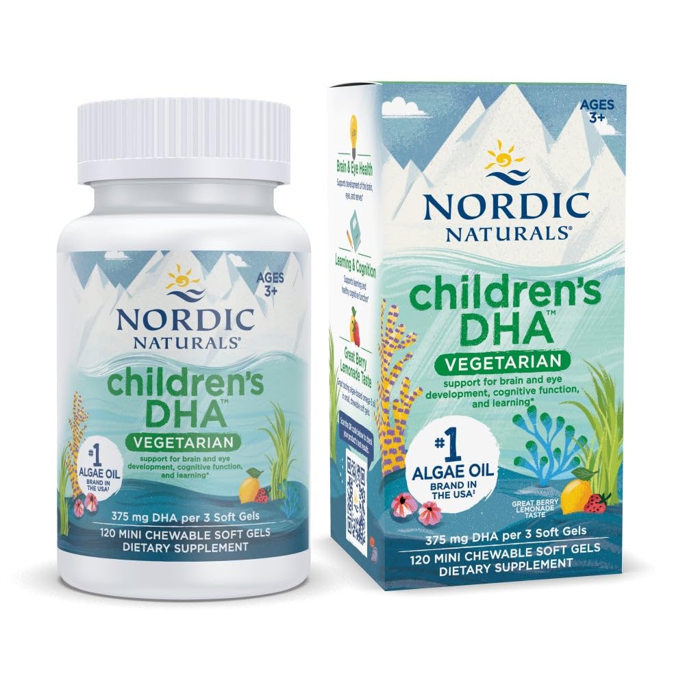 Nordic Naturals Children's DHA Vegetarian - Kids DHA Omega-3 Supplement -Algae Oil - Berry Lemonade Mini Chewables - Plant-Based Formula for Ages 3+ - 120 Soft Gels - 40 Servings