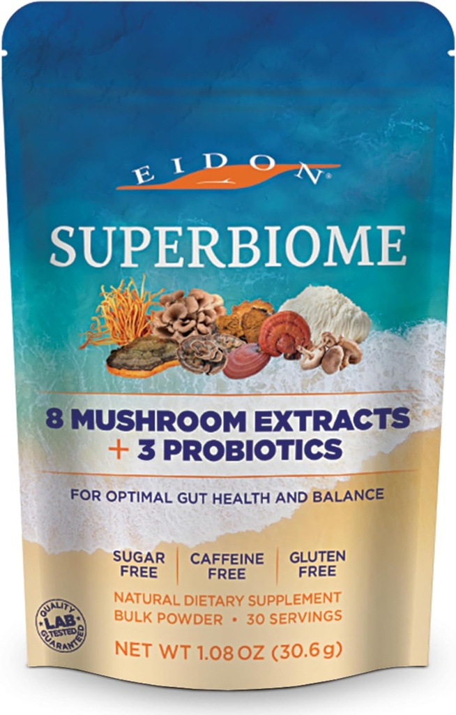 Eidon SuperBiome, Mushroom Probiotics Powder Blend, Gut Balance, Microbiome Health Supplement med Organic Reishi, Chaga, Lion's Mane, Cordyceps, Turkey Tail, Shitake, Maitake, Phelinus, 30 Servings