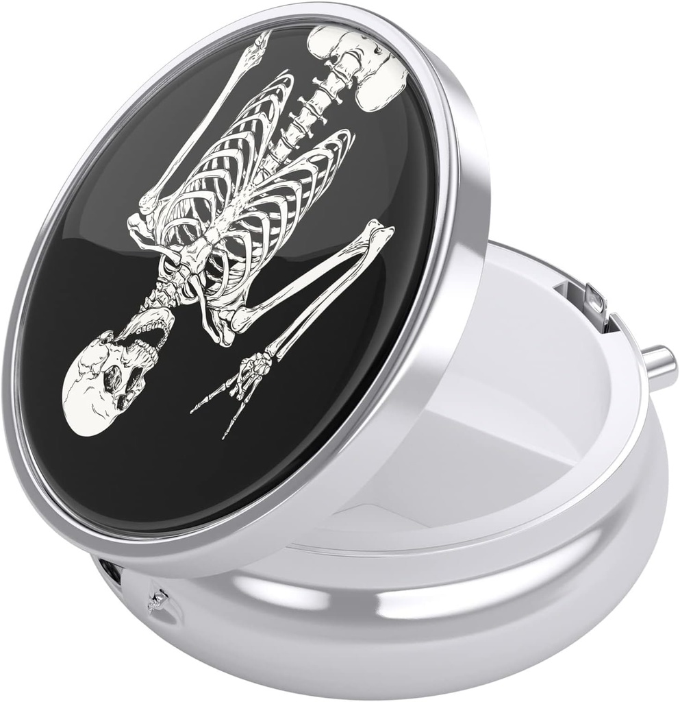 Nipichsha Pill Box, Small Pill Case for Purse & Pocket, Cute Travel Medicine Organizer, Portable Medicine Container Holder för att hålla vitaminer, Medicinering, Fish Oil & Supplement, Human Skeleton