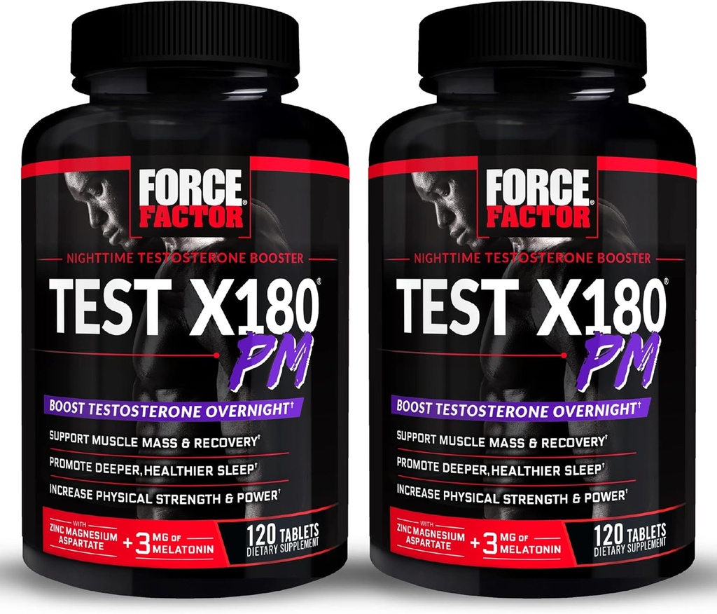 FORCE FACTOR Test X180 PM, 2-Pack, Testosteron Booster för män, Overnight Testosterone Supplement för att bygga muskler, öka styrkan och främja djupare, friskare sömn och återhämtning, 240 tabletter