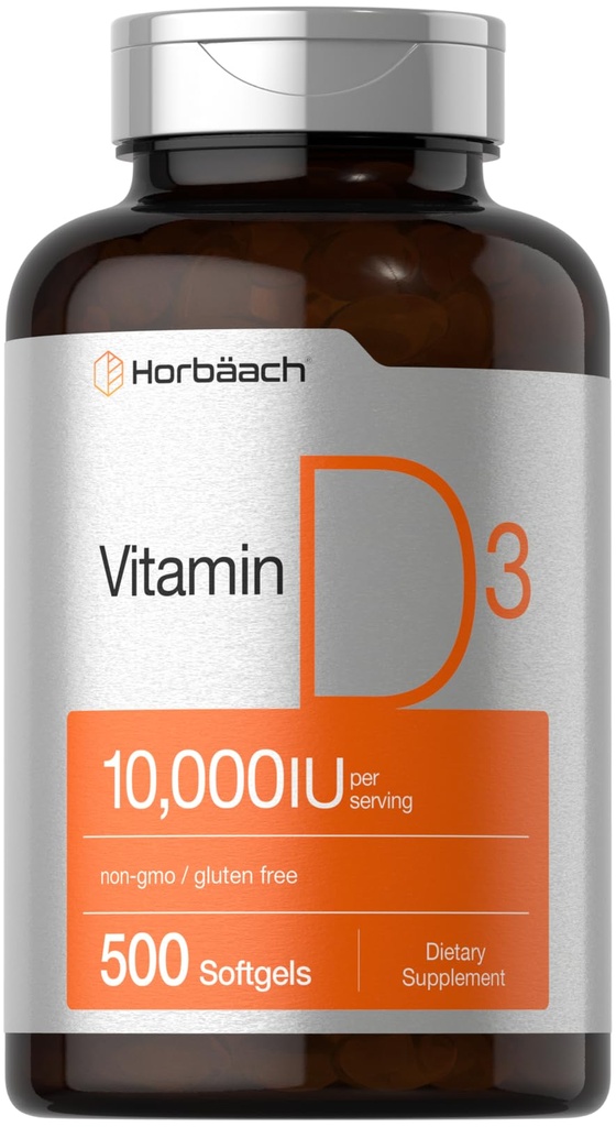 Horbäach Vitamin D3 10000 IE | 500 Softgels | Non-GMO, Gluten Free Supplement | Värde Storlek | 250mcg | Hög Potens Formel