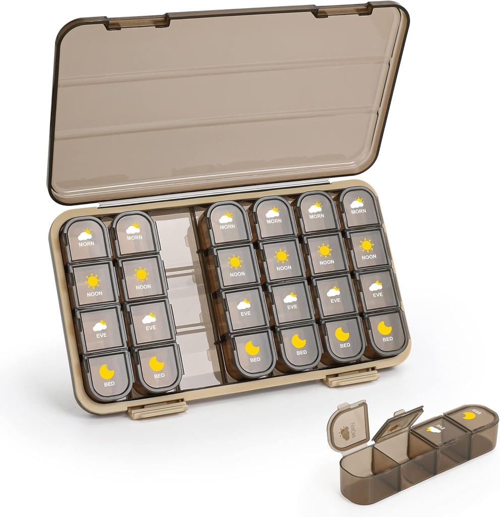 Pill Organizer 4 Times A Day, 7 Day Pill Box 4 Times A Day - Acedada Weekly Medicine Box Organizer med separat fall, Portable Daily Pill Container Dispenser för vitamin Fish Oils Supplements, Brown