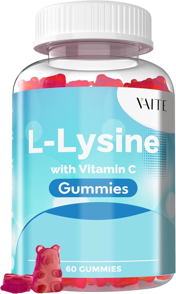 VAITE L-Lysine 800mg Gummies med vitamin C - Hud, Lip & Cold Sore * Stöd för kvinnor - Lysin för vuxna, stöder Tissue Health & Immune System, Amino Acid & Complex Supplements, 60 Vegan Chewable