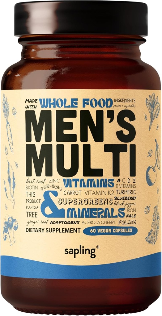 Multivitamin för Män - Dagliga Mäns Multivitamin - Metylerad B-komplex med Whole Food Ingredients, Vitamin B12, Folate, A, C, D3, E, K2, Organic Fruits & Vegetables - Vegan, Icke-GMO - 60 Caps