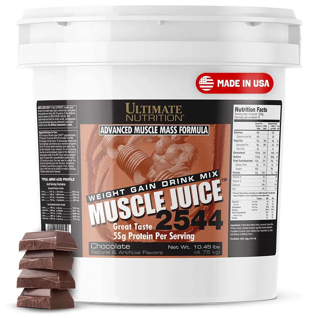 Ultimate Nutrition Muscle Juice, Weight Gain Drink Mix - Mass Gainer Workout Powder för män och kvinnor - Tillägg för Lean Muscle Growth & Immune Support med 55g Protein - Choklad, 10.45lb