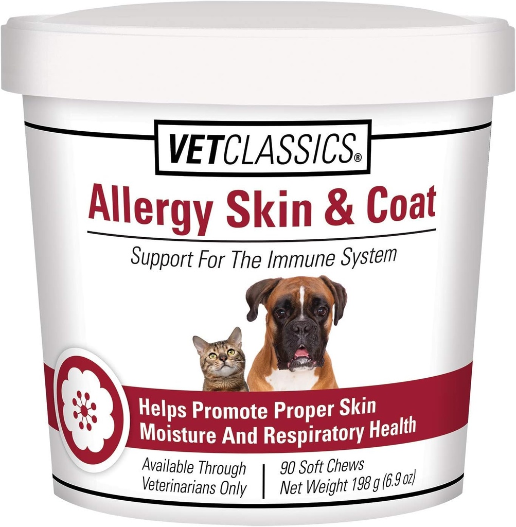 Vet Classics Allergy Skin & Coat Support Pet Supplement for Dogs & Cats – Pet Health Supplement for Cat Skin Moisture, Dog Allergies, Pet Respiratory Health– Includes Antioxidants – Soft Chews 90 Ct.