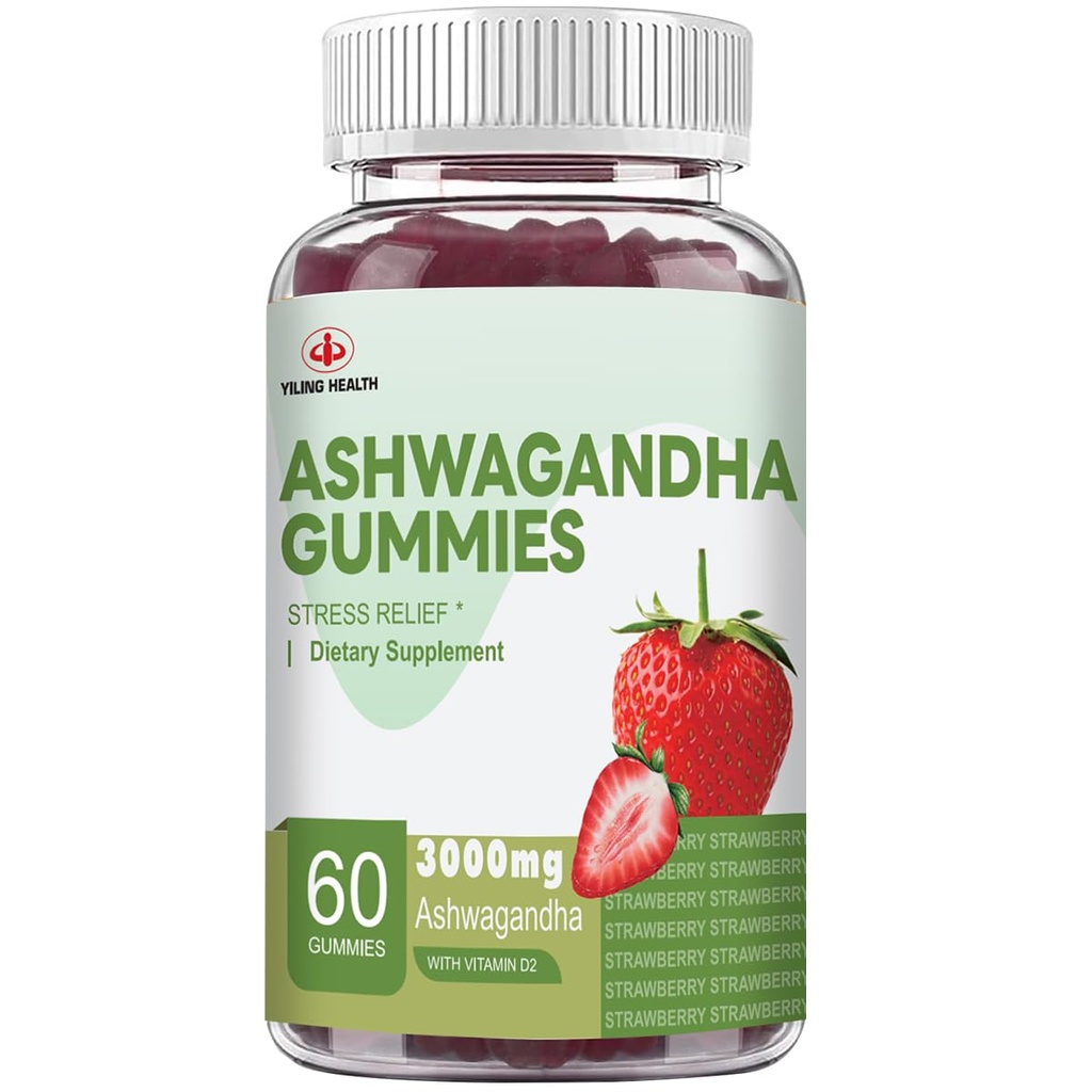 YiLing Ashwagandha Gummies för kvinnor och män, 3000 Mg av hög styrka Ashwagandha Root Extract ökar energi, förbättrar sömn, lindrar stress och lugnar humör, 60 greve jordgubbs smak Ashwagandha