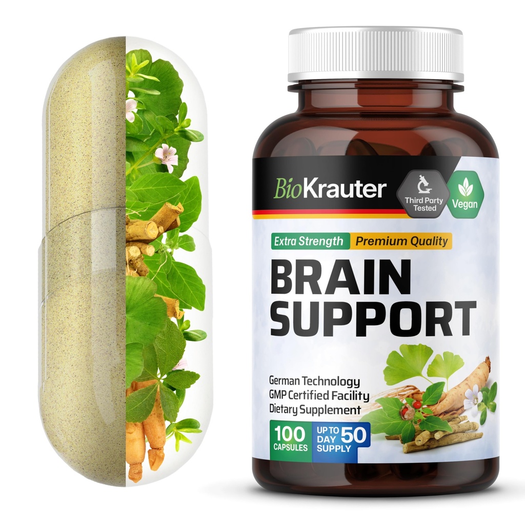 BIO KRAUTER Brain Support Supplement - 100 greve - 1300 mg Blandning av Ashwagandha, Panax Ginseng och Ginkgo Biloba - Vegan, inga fillers