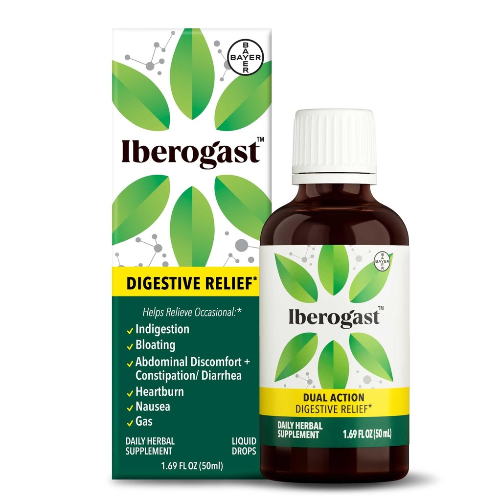 Iberogast Liquid Drops, Herbal Relief of Stomach Upsets: Occasional Indigestion, Bloating, Gas, Nausea, Upset Stomach; Gluten Free; 6-Herb Blend med Iberis Amara, Peppermint, Licorice; 50mL