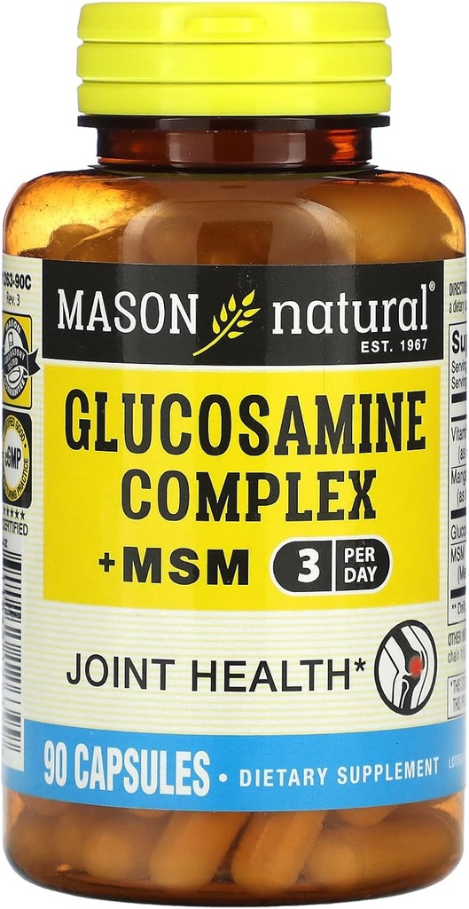 MASON NATURAL Glukosamin Complex Plus MSM med vitamin C - stöder gemensam hälsa, förbättrad flexibilitet och rörlighet, 90 kapslar